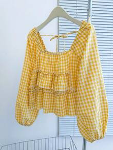 INAWLY 女士秋季新款可爱荷叶边下摆衬衫 - 黃色 - 查看 4