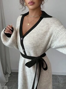 Elenzga 女士复古法式撞色领口收腰灯笼袖优雅高领针织中长连衣裙 - 黑色 - 查看 3