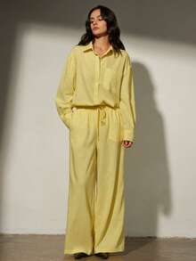 Aveloria Modichic Ensemble 2 pièces pour femme : chemise à manches longues ample et style minimaliste, coupe décontractée, col à revers, style à la mode. - Jaune citron - Voir 1