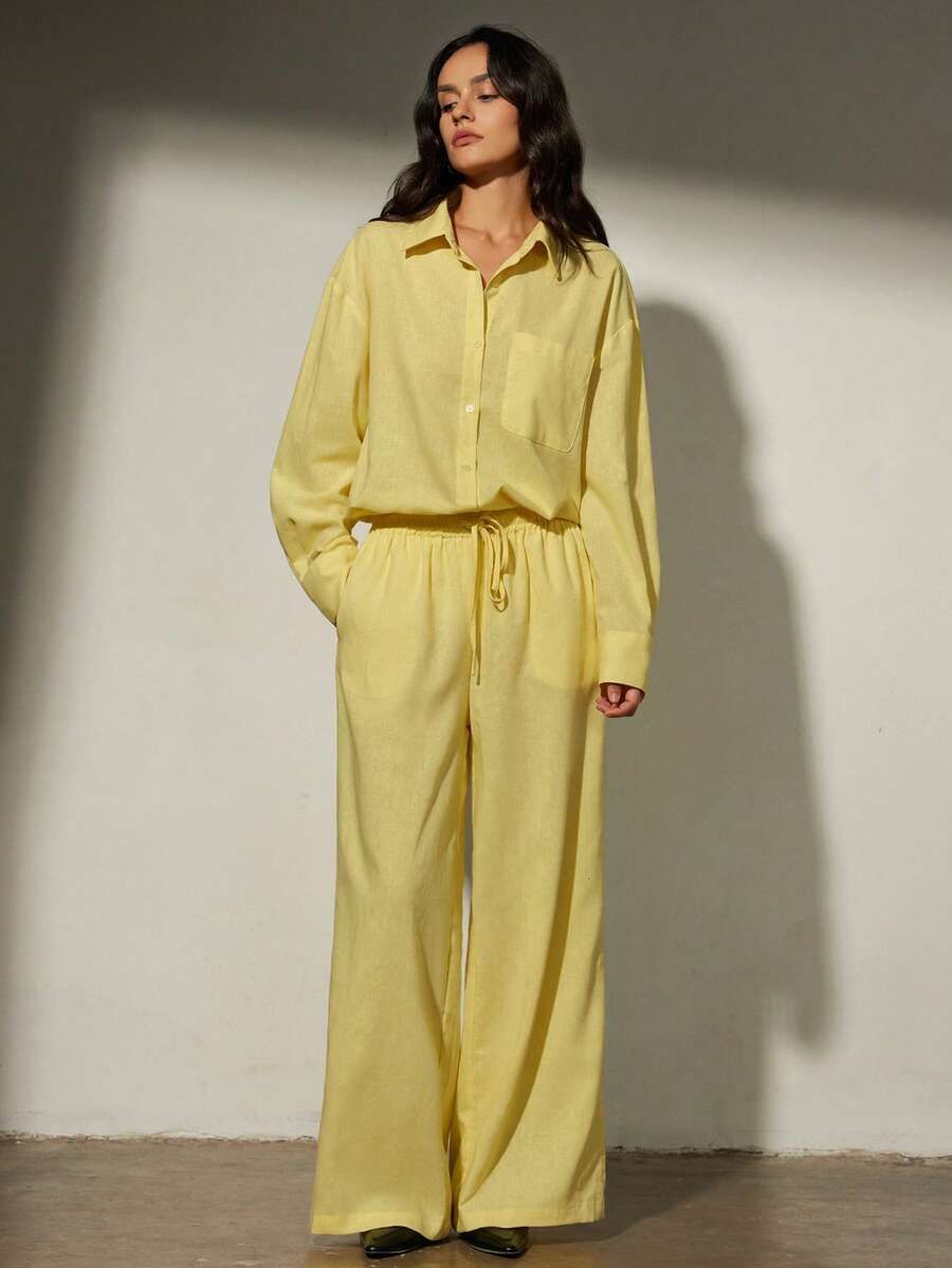 Aveloria Modichic Ensemble 2 pièces pour femme : chemise à manches longues ample et style minimaliste, coupe décontractée, col à revers, style à la mode. - Jaune citron - Voir 1
