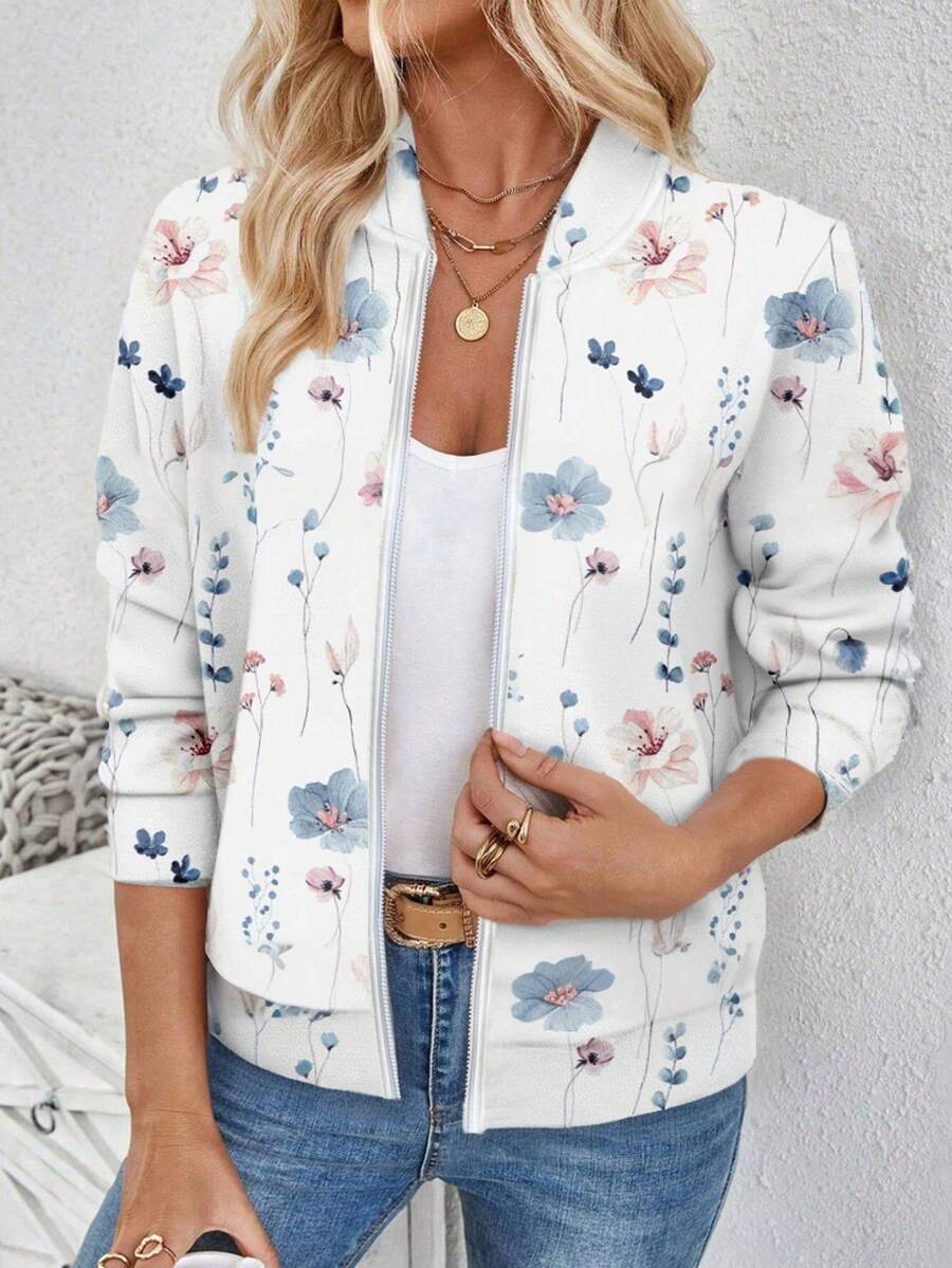 SHEIN LUNE 女士休闲碎花图案拉链夹克适合秋冬季