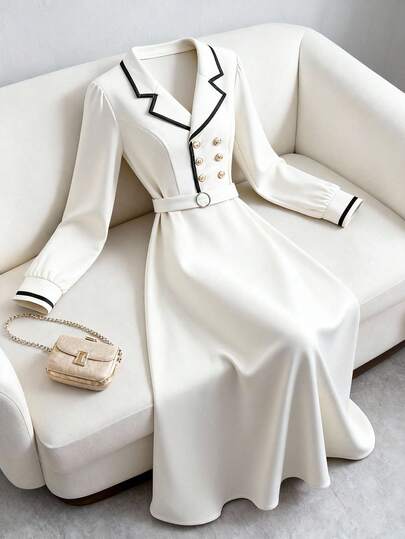 GlowEve CURVE 大码女式金属双排扣长袖优雅西装领拼接针织连衣裙