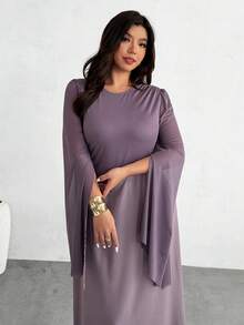 SHEIN Privé Vestido midi cómodo, casual y elegante para vacaciones con mangas con lazo, abertura y bajo acampanado, adecuado para citas, fiestas, té de la tarde, moda en tallas grandes - Morado - Ver 3