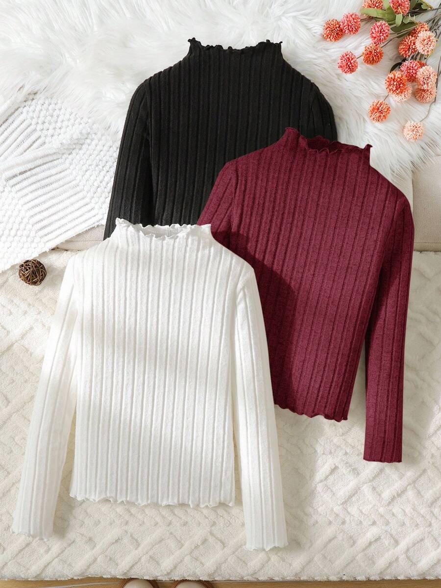 SHEIN 3件套少女秋冬罗纹立领修身长袖上衣,休闲百搭套头衫 - 酒紅色 - 查看 1