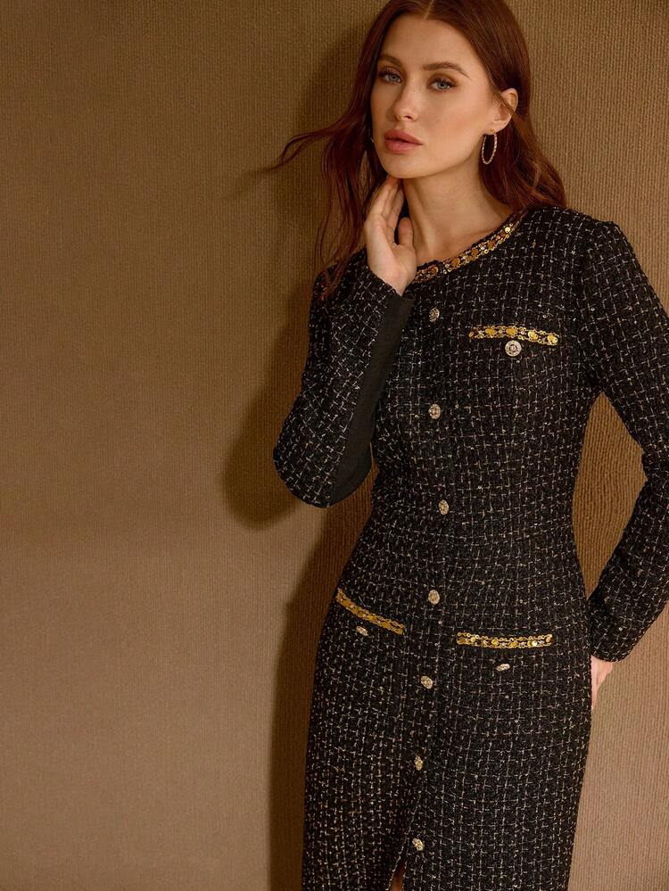 TWEED GOLD SEQUIN DECORATED ELEGANT MIDI DRESS FOR WOMEN, SUITABLE FOR EVERYDAY WEAR