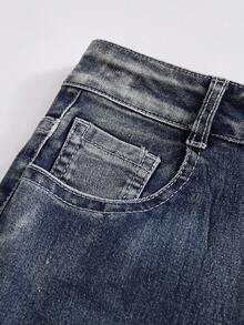 Quần jeans ống loe đính đá hình bướm thêu màu xanh đậm cho bé gái tuổi mới lớn, thích hợp mặc đi học, mặc hàng ngày, du lịch, nghỉ dưỡng, tiệc tùng và chụp ảnh - Rửa tối - Xem 5