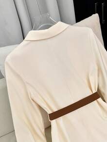 GlowEve Metal Buckle Waist Decor Asymmetrical Ribbon Collar Shoulder Ruched Long Sleeve A-Line Hem Elegant Commuter Dress For Women