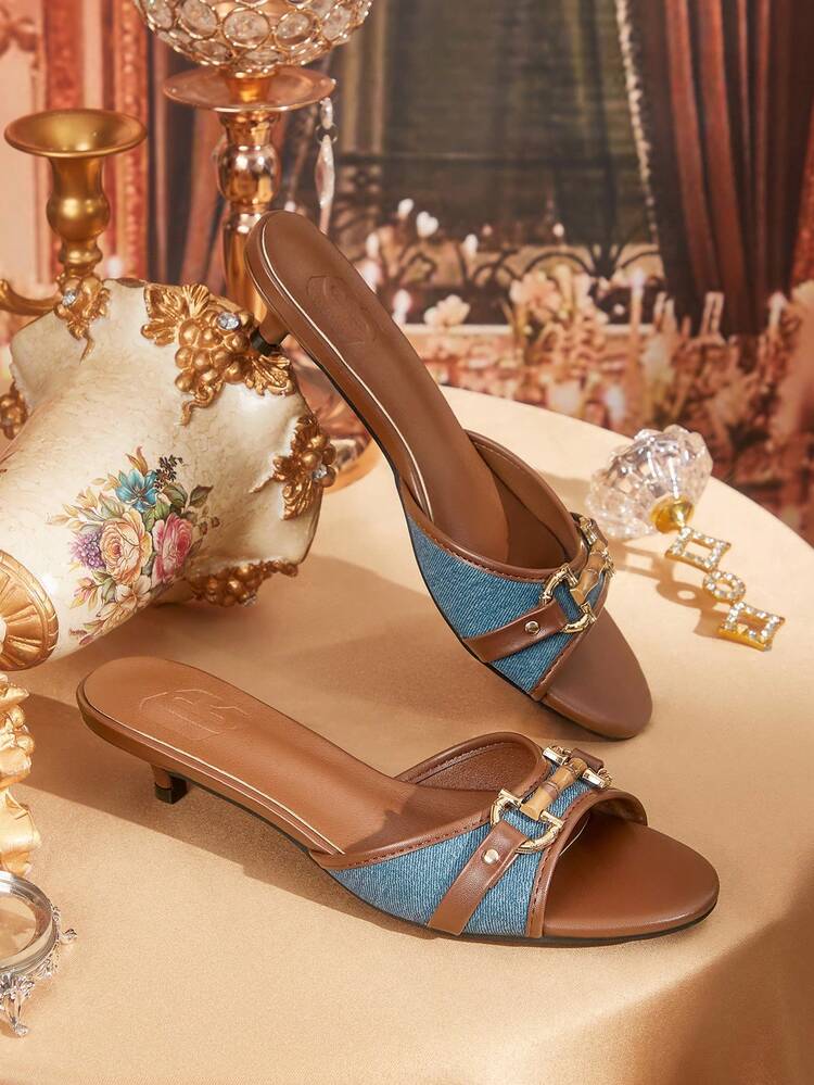 CUCCOO TILAWA Women's Blue & Brown PU Mixed Color Gold Buckle Retro Kitten Heel Round Toe Mule Sandals For Christmas
