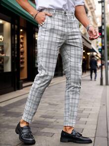 Manfinity Mode 男士時尚格紋印花休閒西裝褲