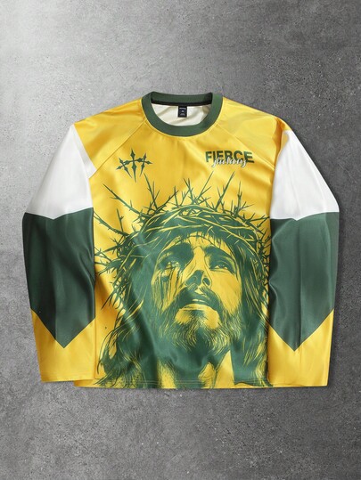 Prep Herren Lässig Farbblock Portrait Grafik Rundhals Langarm T-Shirt, Herbst