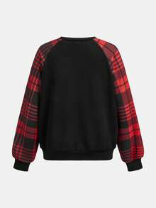 SHEIN Emery Rose Kids 少女宽松休闲简约舒适圆领套头卫衣，格子拼接设计 - 彩色 - 查看 2