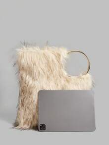 Ontre 女士简约个性化大容量长发材质异形手提包 - 米色 - 查看 3