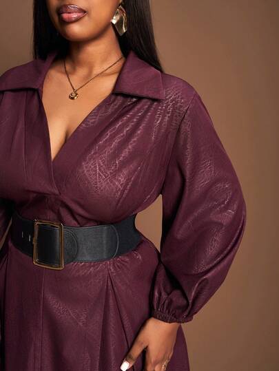Slaydiva 2025 New Vintage Burgundy Faux Leather Texture Puff Sleeve V-Neck Waist A-Line Dress, Suitable For Daily Wear, Layering, Outings, Leather Jacket Pairing, Jacket Lining Red Brown Dresses For Women