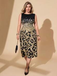 Hourglow Plus Size Women Leopard Print Round Neck Sleeveless Fitted Elegant Dress, For Hourglass Body Shape/2026 /New Year/Valentine's Day - Black - View 4