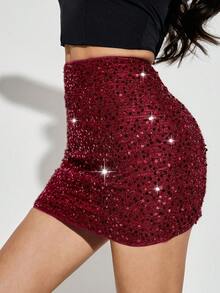 SHEIN PETITE Mini-jupe élégante à paillettes et sequins de couleur unie pour femmes, petite taille - Rouge - Voir 4