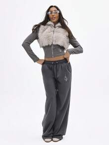 BABYPHAT Faux Fur Ribbed Cropped Cardigan With Rhinestone Logo Detail And Zipper Closure For Fall Winter Casual Layering - Multicolor - View 8