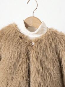 Elladie kids Young Girl Casual Fluffy Faux Fur Loose Coat, Chic & Elegant Urban For Winter - Apricot - View 3
