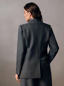 Anewsta Women's Rhinestone Embellished Shoulder Blazer, Spring/Autumn - Dark Grey - View 2