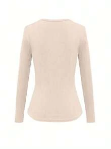 EMERY ROSE Women's Solid Color Scoop Neck Long Sleeve Ribbed Casual T-Shirt - Beige - View 2