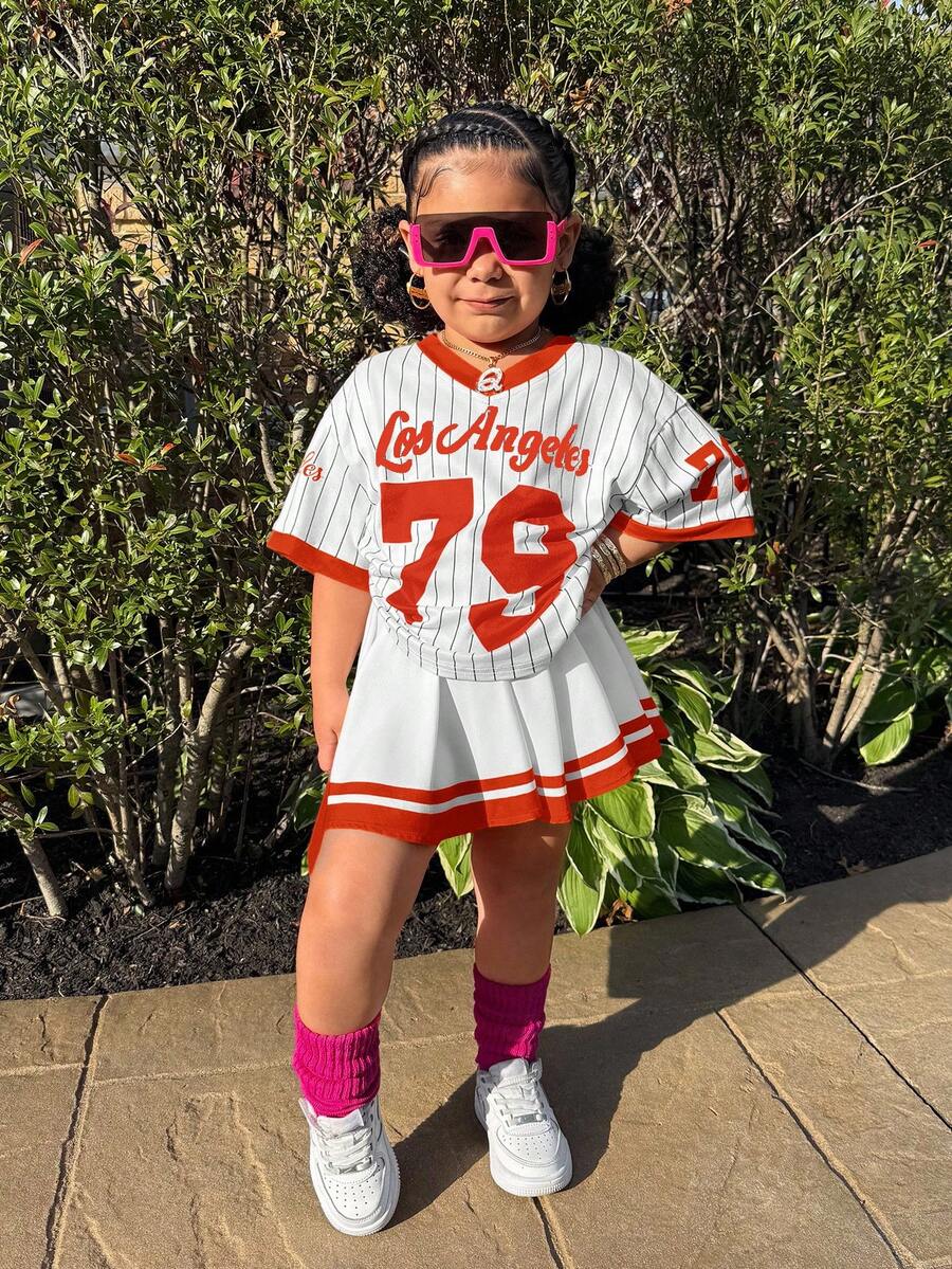 2 件套年轻女孩篮球运动上衣和百褶迷你裙套装，休闲日常时尚装 - 橘色 - 查看 1