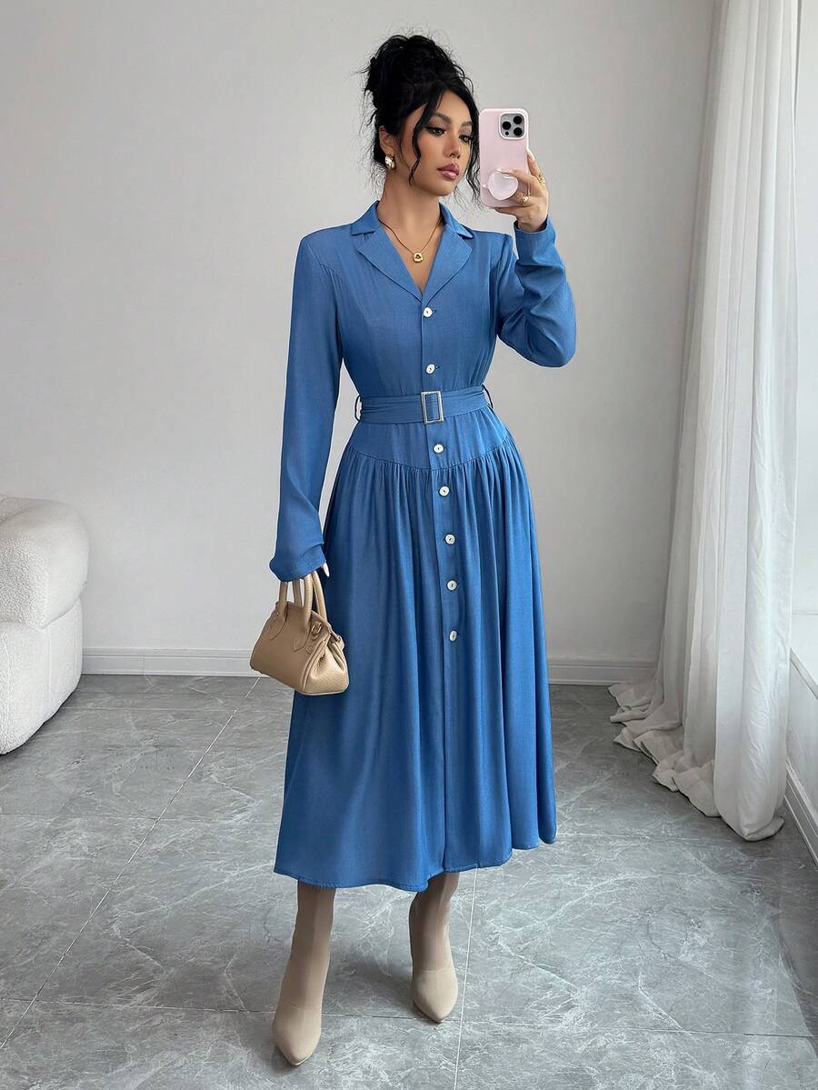 Elenzga Women's New Design Waist Cinching Long Sleeve Slimming Elegant Dress - Blue - View 1