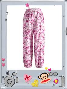 Paul Frank X ROMWE Y2K Kpop 亚文化 Baddie Street 迷彩印花宽松运动裤 - 粉色 - 查看 2