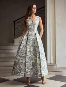 ZEYLAH Váy xếp ly cổ chữ V họa tiết hoa jacquard thanh lịch dành cho nữ - Xám - Xem 1