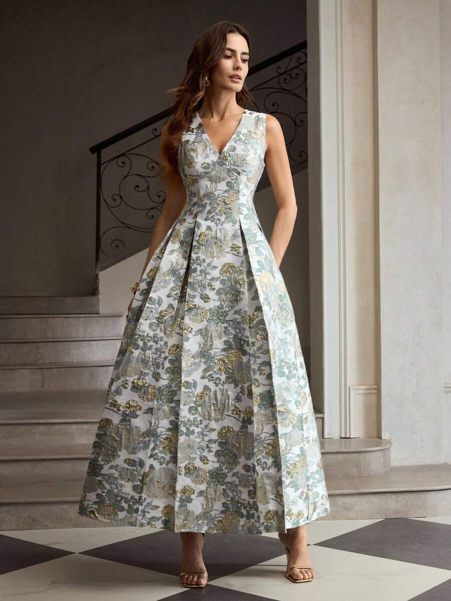 ZEYLAH Váy xếp ly cổ chữ V họa tiết hoa jacquard thanh lịch dành cho nữ - Xám - Xem 1