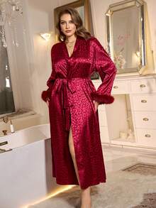 MuseNap CURVE Elegant Leopard Print Satin & Faux Fur Trim Long Robe, Plus Size, Wine Red - Burgundy - View 8