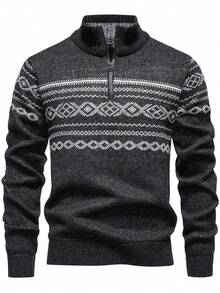 Manfinity Mode Men's Casual Geometric Pattern Half Zip Sweater, Autumn/Winter Patterned Winter Sweater, Thermal Lined - Dark Grey - View 4
