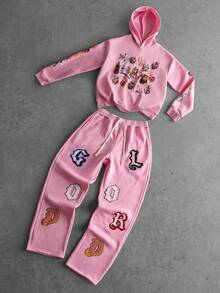 Manfinity EMRG 男士十字印花长袖连帽衫和抽绳腰带运动裤休闲宽松套装 - 粉色 - 查看 3