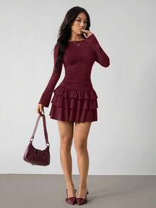 SHEIN PETITE Đầm dài tay màu đen viền bèo nhún thanh lịch dành cho nữ - Màu Đỏ Sâu - Xem 4