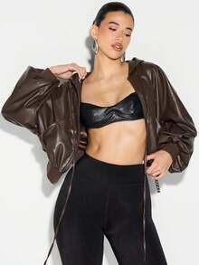 KIZN Faux Leather Hooded Bomber Jacket With Full Zip Closure And Ribbed Hem For Fall Winter Layering - Coffee Brown - View 4