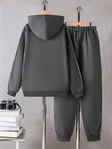 Vacaura 2 件套青少年男童休闲拼布丝带连帽运动衫套装，适合休闲、通勤、上学、运动穿着