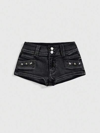 ROMWE Grunge Punk Shorts vaqueros de talla grande para mujer con calavera desgastada y tachuelas