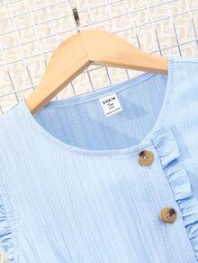 SHEIN Teen Girl Solid Color Round Neck Cap Sleeve Button Design Wide Leg Casual Jumpsuit - Blue - View 4