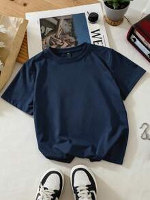 Boys' Minimalist Front, Racing Car Print Back Round Neck Short Sleeve T-Shirt, Summer - Navy Blue - View 2