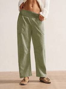 Bohemela Women's Casual Solid Color Woven Loose Low Waist Pants, Autumn/Winter Boho Style - Olive Green - View 2