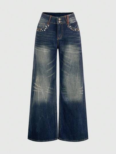 Grunge Punk Jeans évasés à taille basse et décontractés avec design vintage et rivetés pour femmes