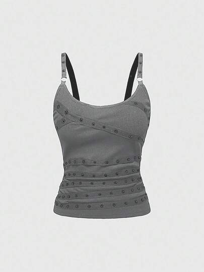 Grunge Punk Canotta da donna sexy senza maniche con spalline sottili, scollo basso, nera, con borchie, cristalli e nastri, adatta per l'estate, spiaggia, laurea, Pasqua, concerti, vacanze a Nashville, festival musicali, rock