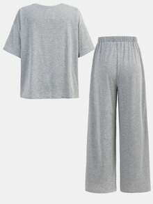 SHEIN Girls Casual Loose Fit Round Neck Letter Slogan & New York City Print Drop Shoulder Short Sleeve T-Shirt And Pleated Wide Leg Pants Set, Spring/Summer Girls Outfit Sets - Grey - View 2