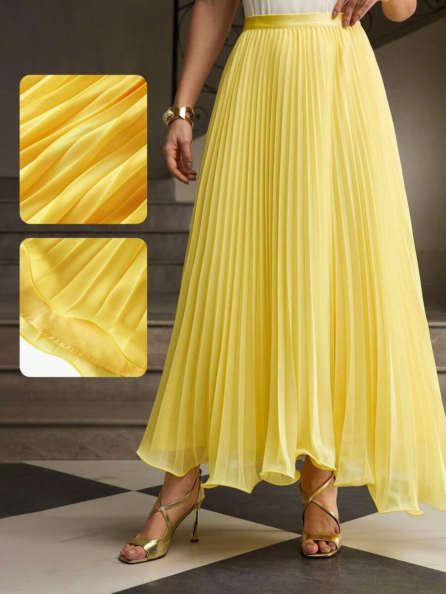 ZEYLAH Women's Elegant Pleated Flowy A-Line Skirt - Yellow - View 1