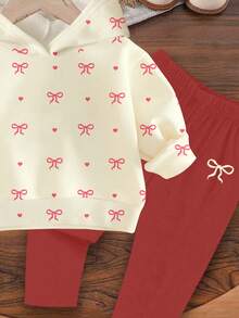 Baby Girl Casual Cute Sweet Mini Polka Dot Bow Heart Pattern, Elegant Lady, Creamy Yellow, Soft Knit Thick Crew Neck Long Sleeve Sweatshirt And Leggings Set, Suitable For Autumn/Winter, New Year, Valentine's Day, Mother's Day, Father's Day, Outings Cherry Toddler Outfit Baby Girl Christmas Outfit Toddler Outfit Baby Girls Sets - Multicolor - View 6