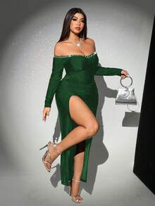 Viva Relle Đầm trễ vai tay dài xẻ tà đính ngọc trai cỡ lớn dành cho nữ, thích hợp cho đám cưới, tiệc tùng, ngày lễ và tiệc chiêu đãi (trang trí cầu kỳ), dạ tiệc trang trọng, khách dự tiệc cưới, lễ tốt nghiệp, dạ tiệc, váy dạ hội trang trọng - Màu xanh lá cây đậm - Xem 1