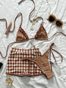 Swim Mod 3pcs Women's Beach Swimsuit Set, Polka Dot Print Triangle Ruffle Bikini Top With Spaghetti Straps, Paired With Plaid Print Swim Shorts - Multicolor - View 2