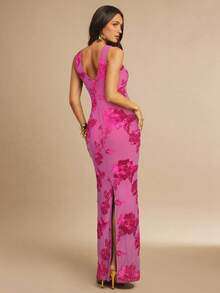 Silquee Đầm suông cổ tròn không tay họa tiết hoa 3D thanh lịch, tối giản, gợi cảm - Màu Hồng Tươi - Xem 2