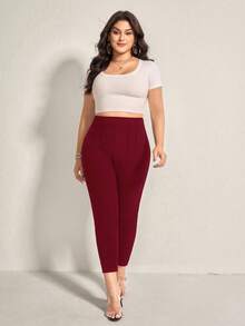 SHEIN LUNE Plus Commuting Solid High Waist Skinny Comfy Pants - Red - View 5