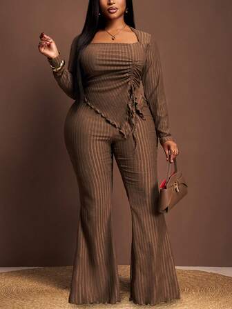 Slaydiva 大码女式天鹅领不对称下摆长袖T恤搭配阔腿裤，棕色纹理弹力针织两件套，适合休闲、约会、派对、返校、通勤等场合。