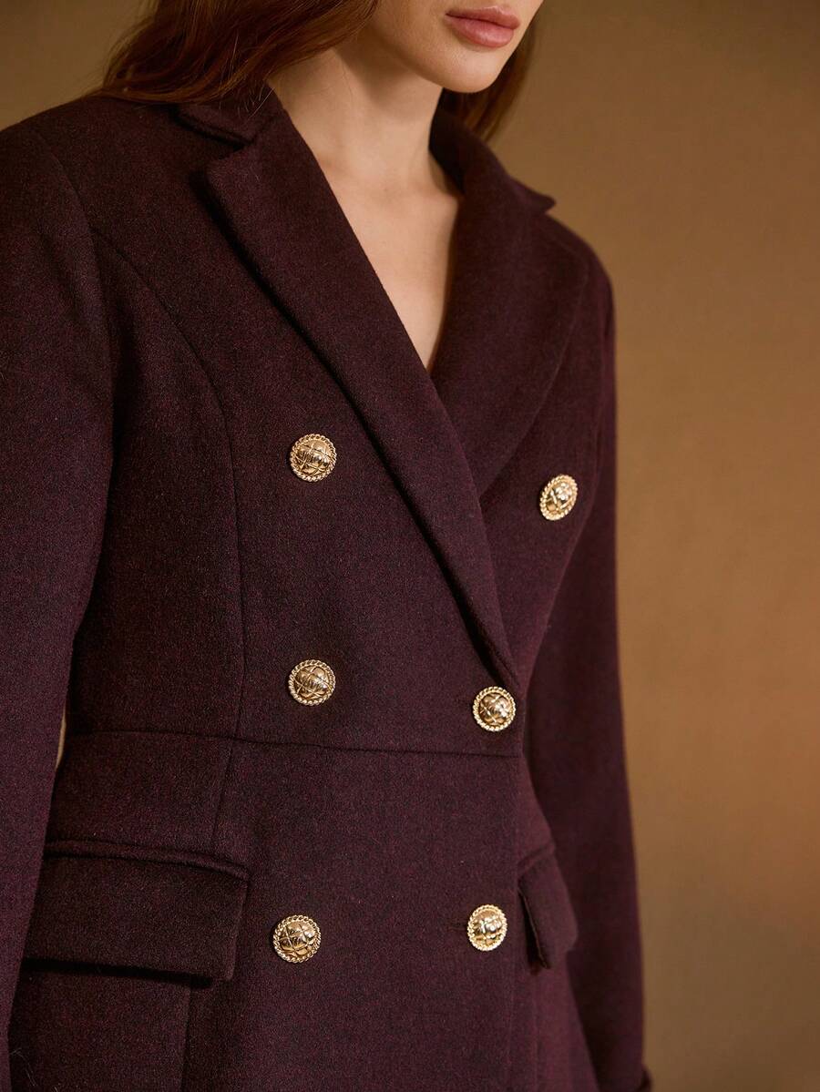 MOTF PREMIUM MANTEAU LONG ÉLÉGANT EN MÉLANGE DE LAINE POUR FEMMES, AUTOMNE/HIVER - Rouge foncé - Voir 2