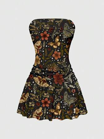 Fairycore Dark Mori Style Butterfly & Leaf Print Sexy Bodycon Low Waist Ruched A-Line Dress For Women, Autumn/Winter